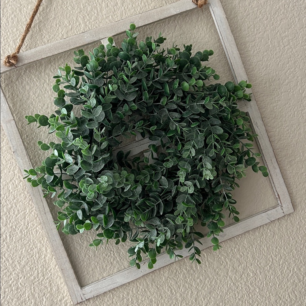 Rustic Farmhouse Shabby Chic Cottage Greenery Wreath in Whitewashed Rustic Frame